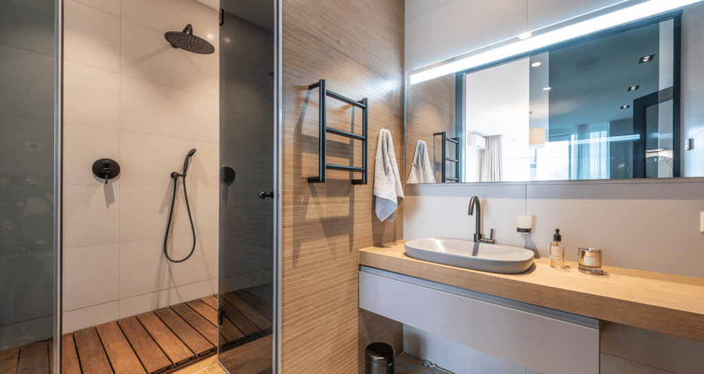 Modern bathroom with wood countertops and walls, with a spacious walk-in shower. hospitality renovation trends